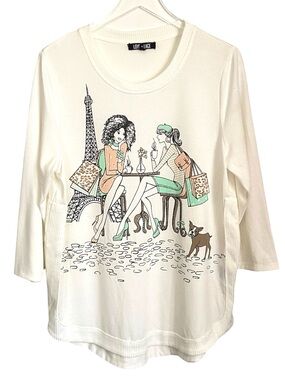 Love + Lace Paris‎ Graphic Tunic Top XL 1X Ivory Eiffel Tower 3/4 Sleeve